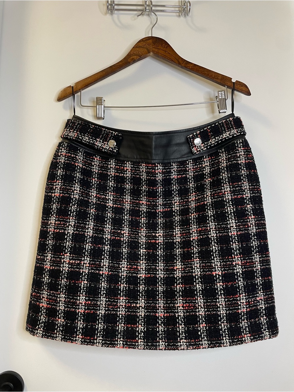 Maje Black Plaid Tweed Mini Skirt with Leather Waistband size 42